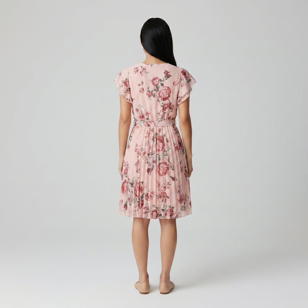 Rosafarbenes Blumenkleid mit Plisseerock, Rückenansicht
