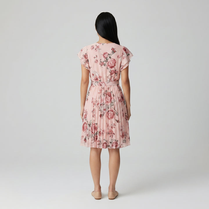 Rosafarbenes Blumenkleid mit Plisseerock, Rückenansicht