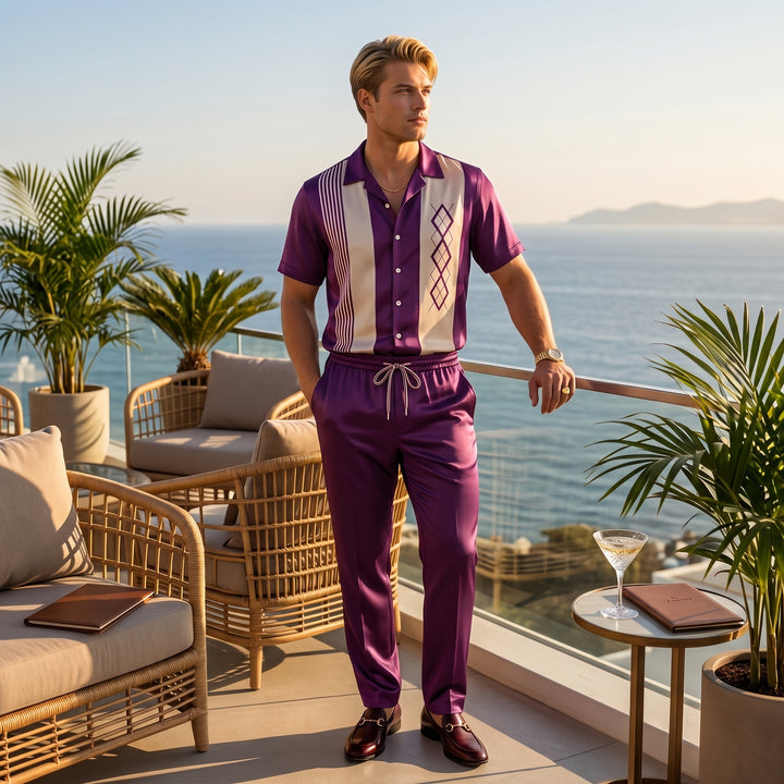 Herren Sommer-Set in Lila, Styling auf Terrasse mit Meerblick