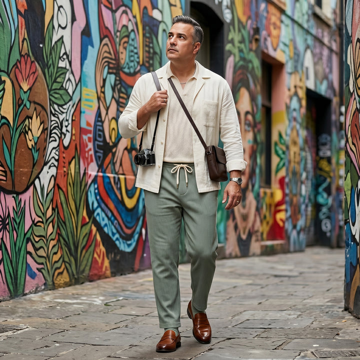 Herren Cordhose in Hellgrün mit heller Überhemd-Jacke und Loafern kombiniert, urbaner Streetstyle
