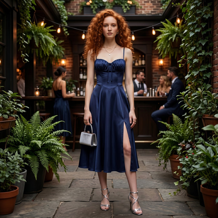 Bustierkleid Dunkelblau in elegantem Restaurant-Ambiente, Abend-Styling
