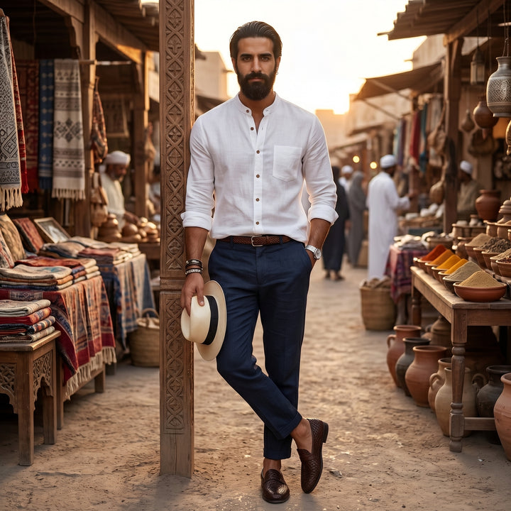 Herren Leinenhemd Weiß in orientalischem Markt-Lifestyle, Stehkragen