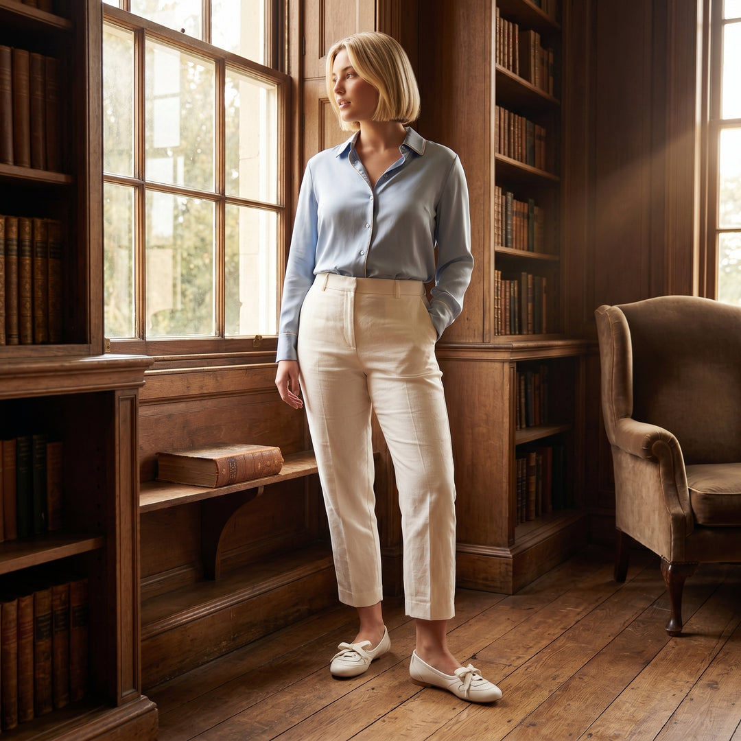 Damen-Model in Bibliothek trägt cremeweiße Ballerina mit weißer Hose und hellblauer Bluse