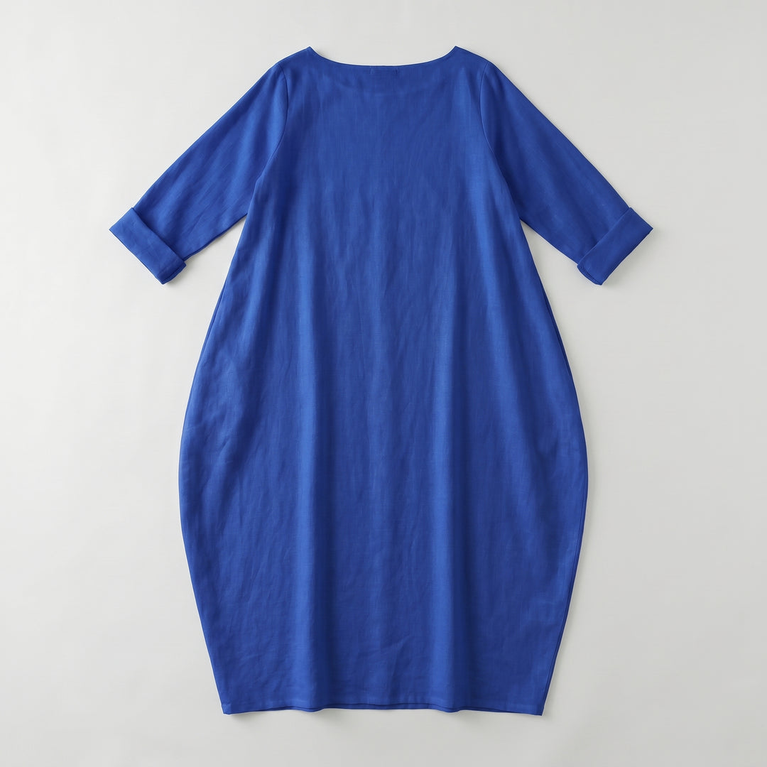 Blaues Maxikleid mit Ballonform und 3/4-Arm, Draufsicht