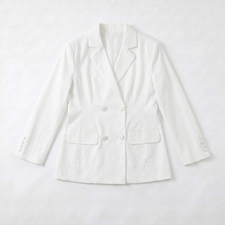 Weißer zweireihiger Blazer mit Pattentaschen, Draufsicht