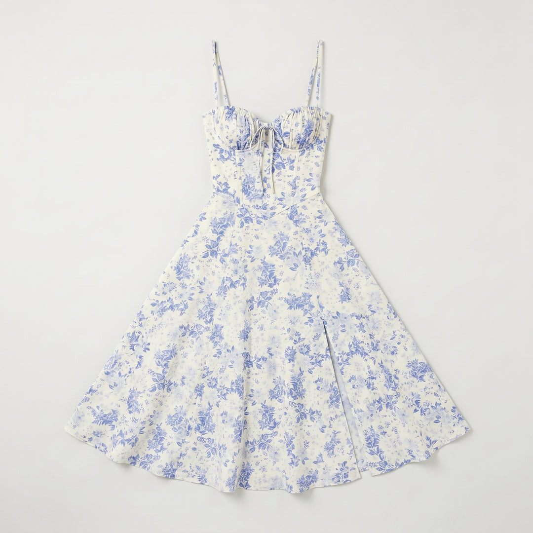 Bustierkleid Weiß mit blauem Blumenmuster, schwingender Rock, Flat-Lay