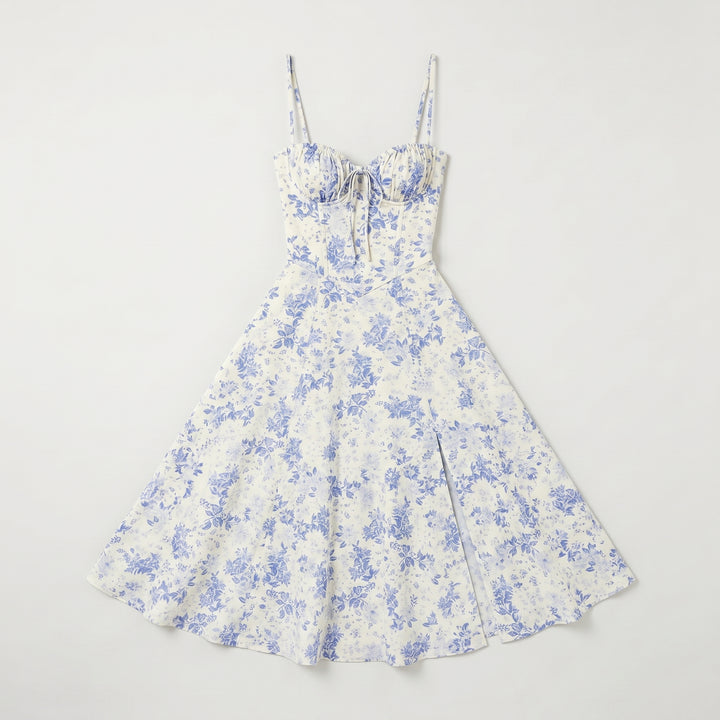 Bustierkleid Weiß mit blauem Blumenmuster, schwingender Rock, Flat-Lay