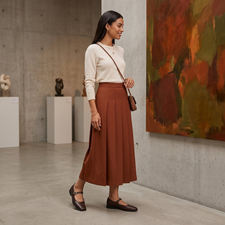 Mary-Jane-Ballerina Braun am Model mit Faltenrock im Museum – Ganzkörper Styling