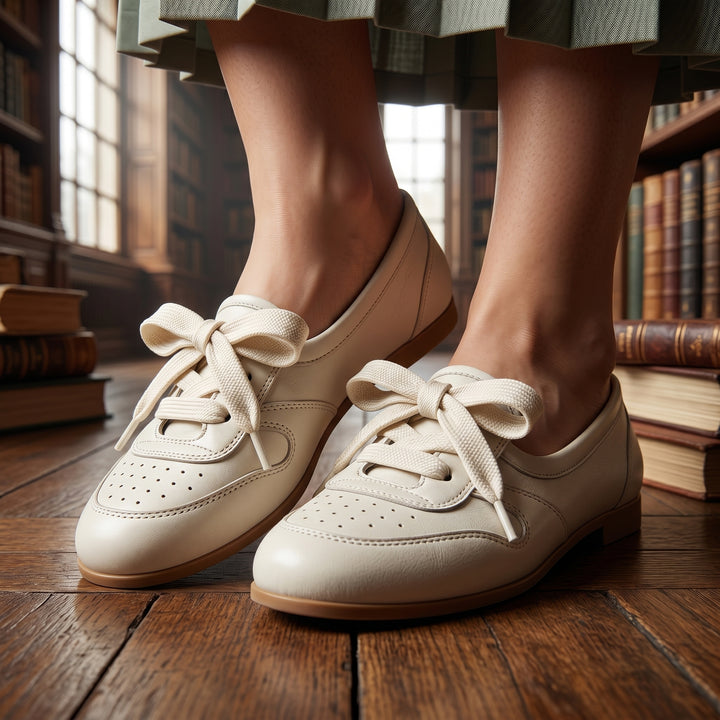 Cremeweiße Damen-Ballerina am Fuß in Bibliotheksambiente, kombiniert mit grünem Rock