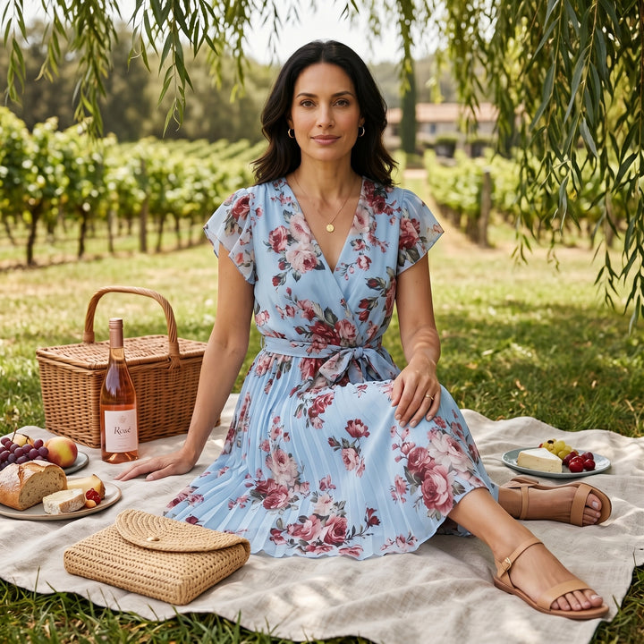 Hellblaues Blumenkleid mit Plisseerock beim Picknick im Weinberg