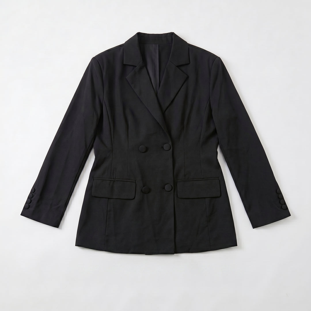 Schwarzer zweireihiger Blazer mit Pattentaschen, Draufsicht
