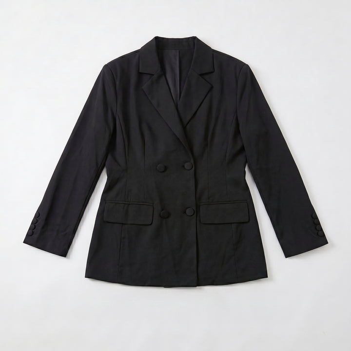 Schwarzer zweireihiger Blazer mit Pattentaschen, Draufsicht