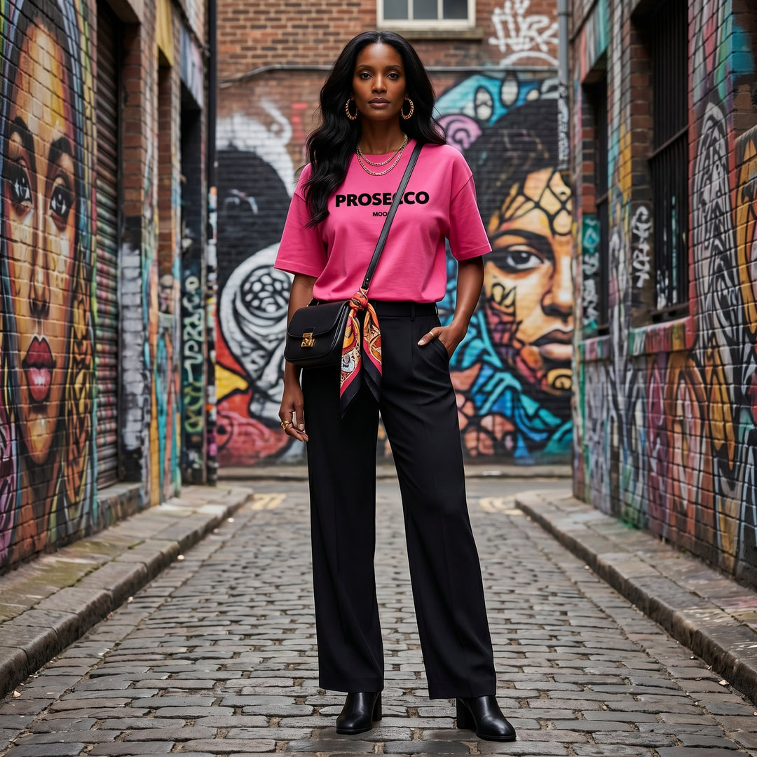 Pinkes Prosecco Mood T-Shirt im Streetstyle-Look mit Graffiti-Hintergrund