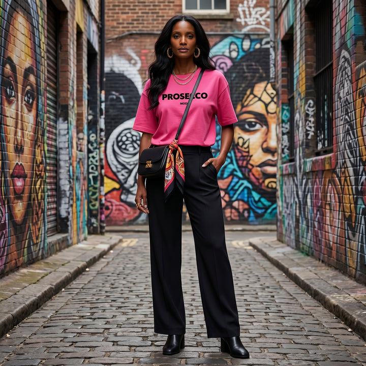 Pinkes Prosecco Mood T-Shirt im Streetstyle-Look mit Graffiti-Hintergrund
