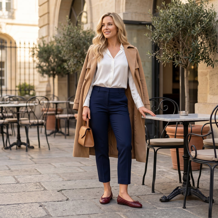 Bordeaux Ballerina Rautensteppung getragen Styling Outdoor-Café
