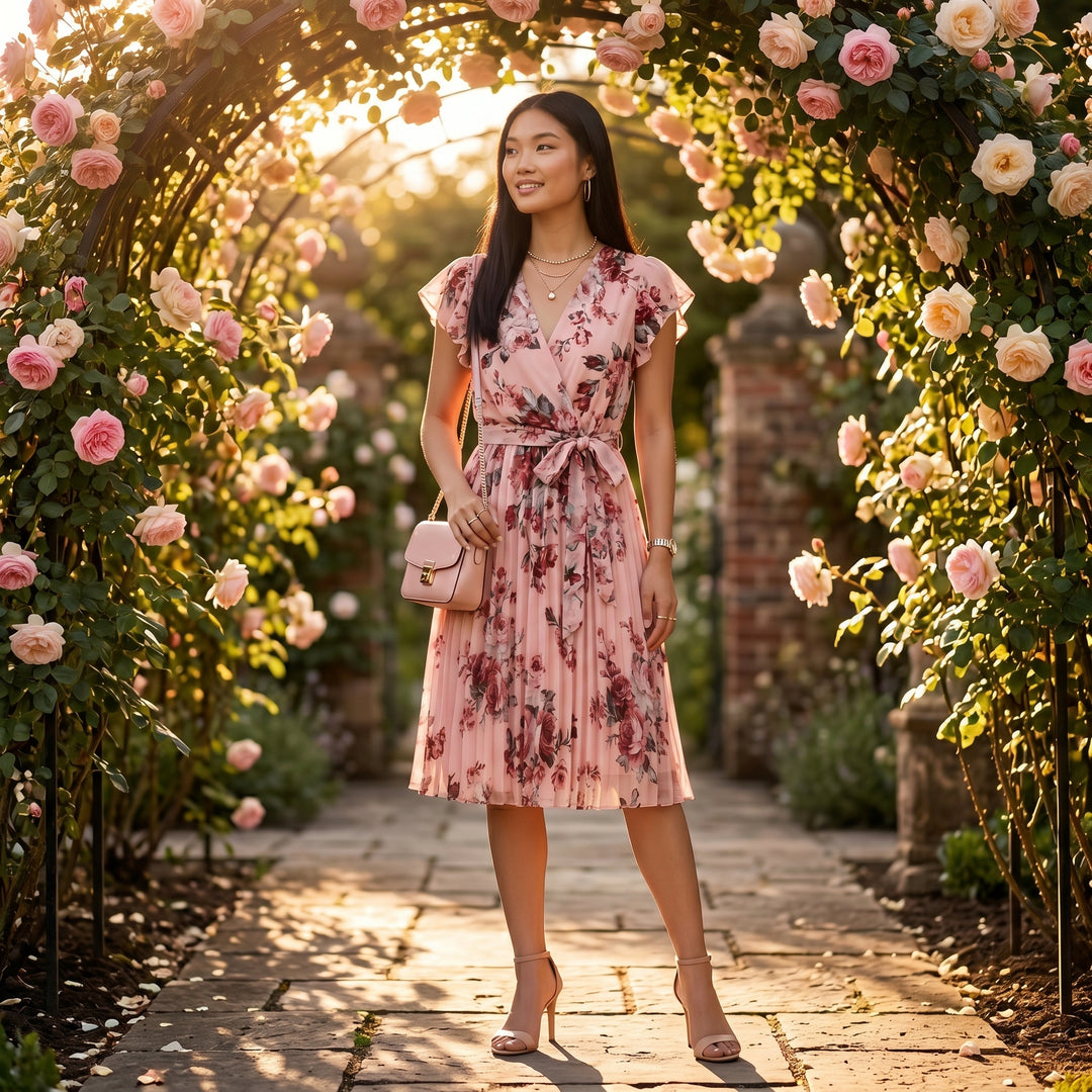 Rosafarbenes Blumenkleid mit Plisseerock im Rosengarten, Lifestyle-Aufnahme