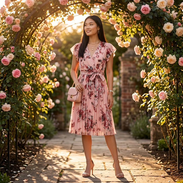 Rosafarbenes Blumenkleid mit Plisseerock im Rosengarten, Lifestyle-Aufnahme