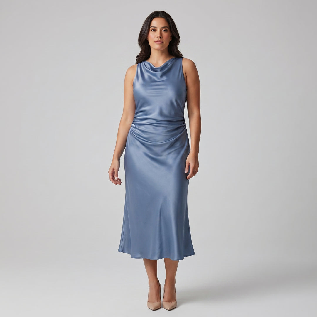 Damen Satin Slip Midikleid mit Wasserfallausschnitt