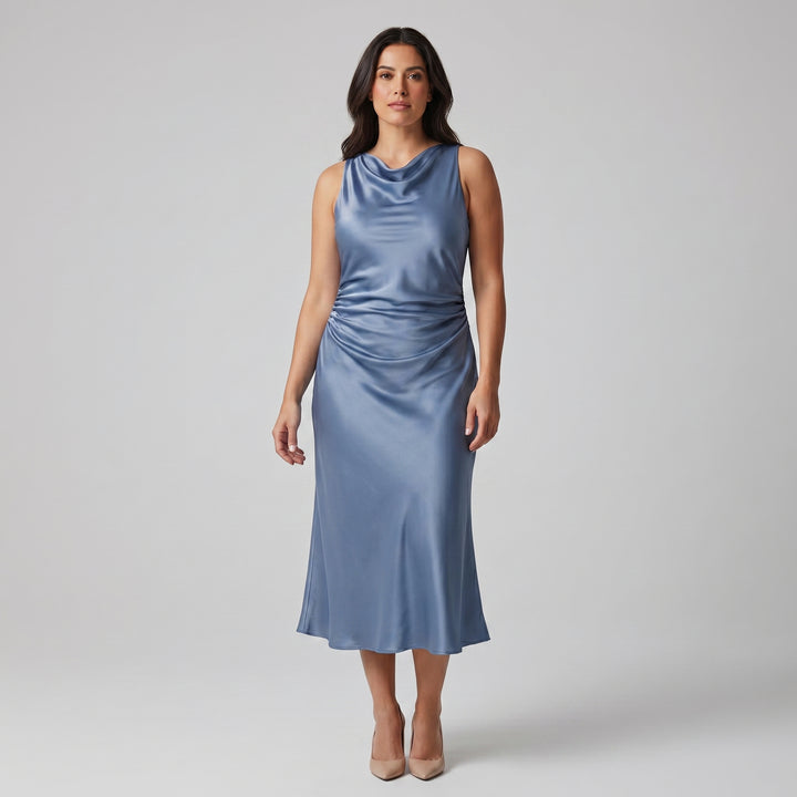 Damen Satin Slip Midikleid mit Wasserfallausschnitt