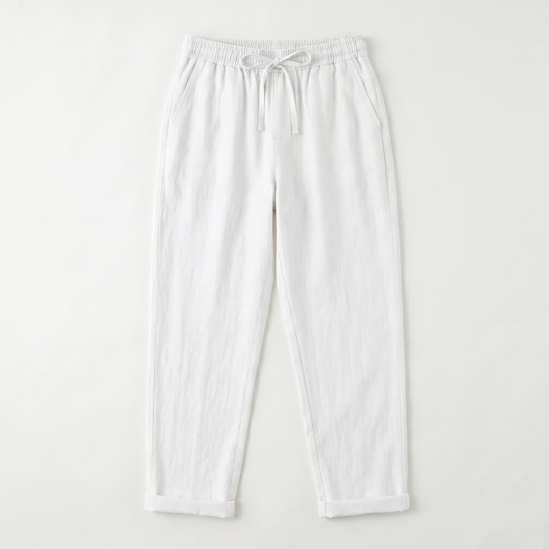 Leinenhose Weiß Flat-Lay, elastischer Taillenbund mit Kordelzug, sauberer Schnitt
