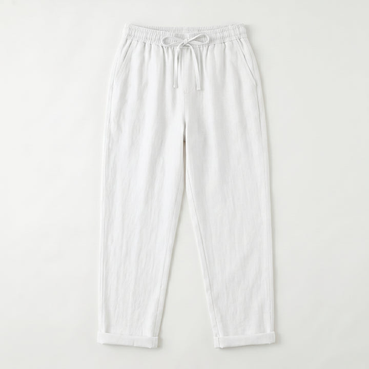 Leinenhose Weiß Flat-Lay, elastischer Taillenbund mit Kordelzug, sauberer Schnitt
