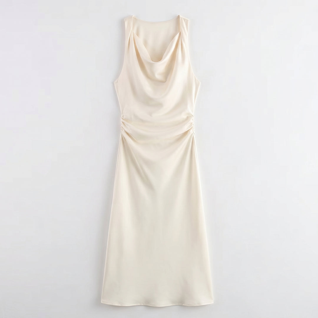 Elegantes Satin Midikleid Beige mit V-Ausschnitt, Frontansicht