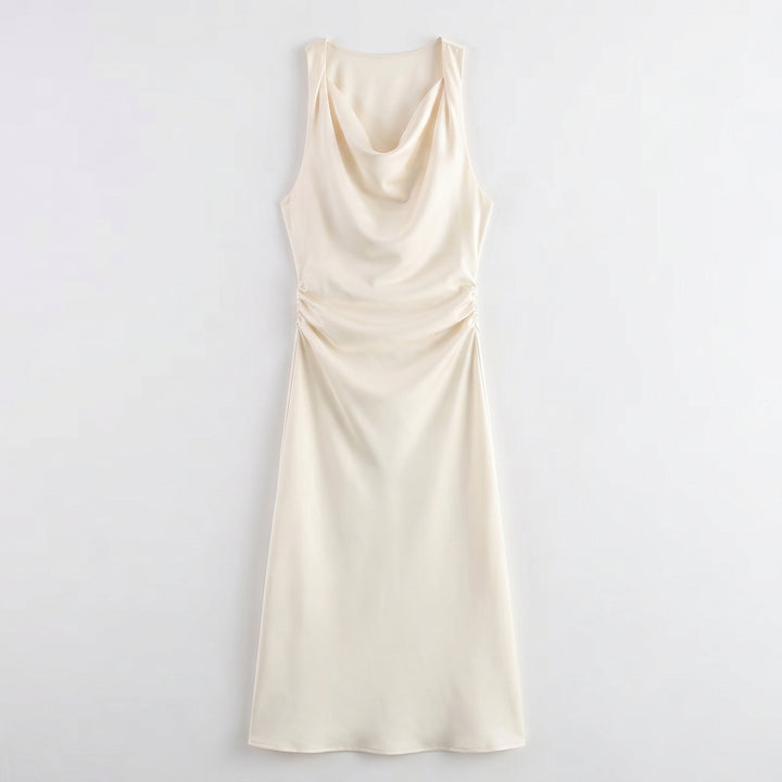 Elegantes Satin Midikleid Beige mit V-Ausschnitt, Frontansicht