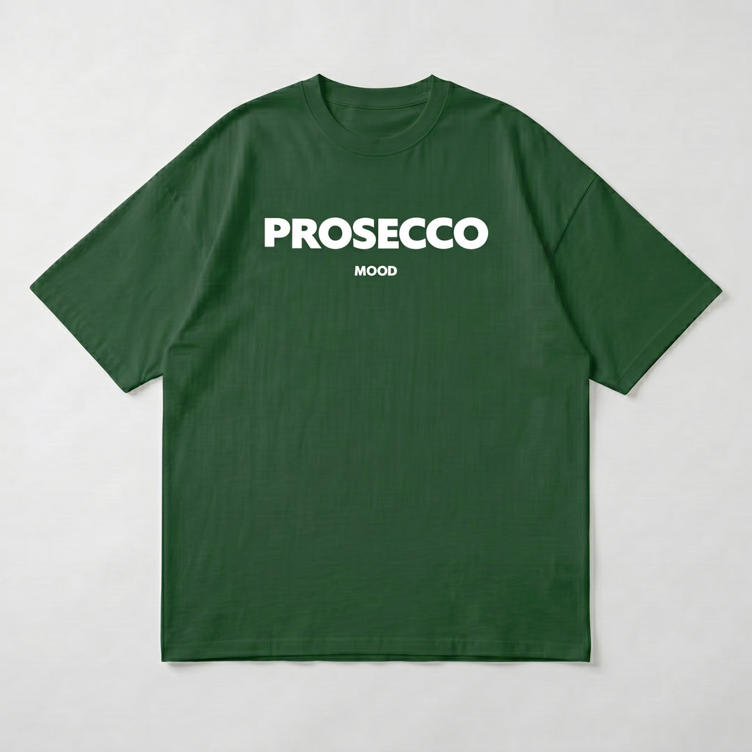 Dunkelgrünes Oversized T-Shirt mit PROSECCO MOOD Aufdruck, Flat-Lay Produktansicht