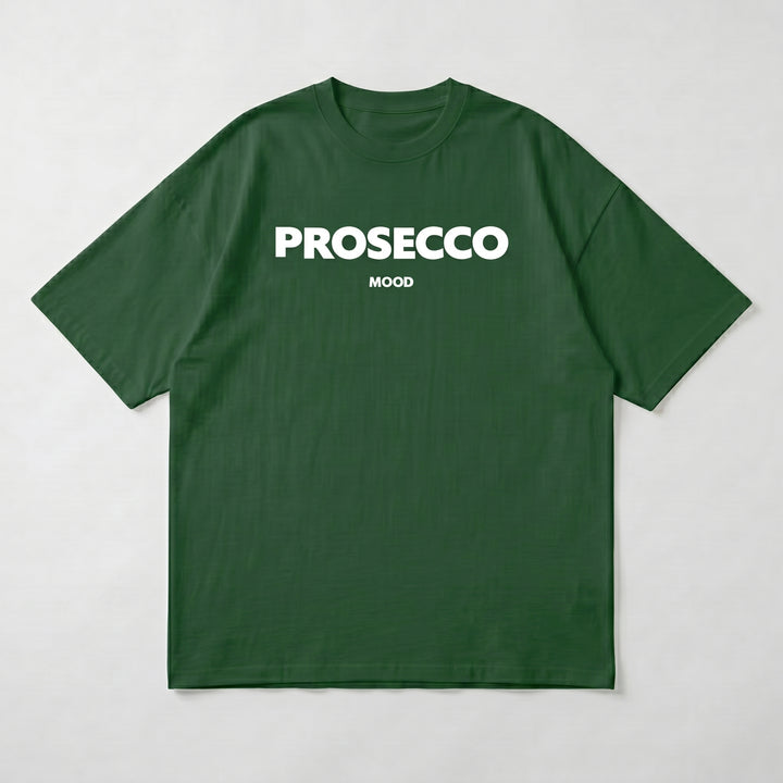 Dunkelgrünes Oversized T-Shirt mit PROSECCO MOOD Aufdruck, Flat-Lay Produktansicht