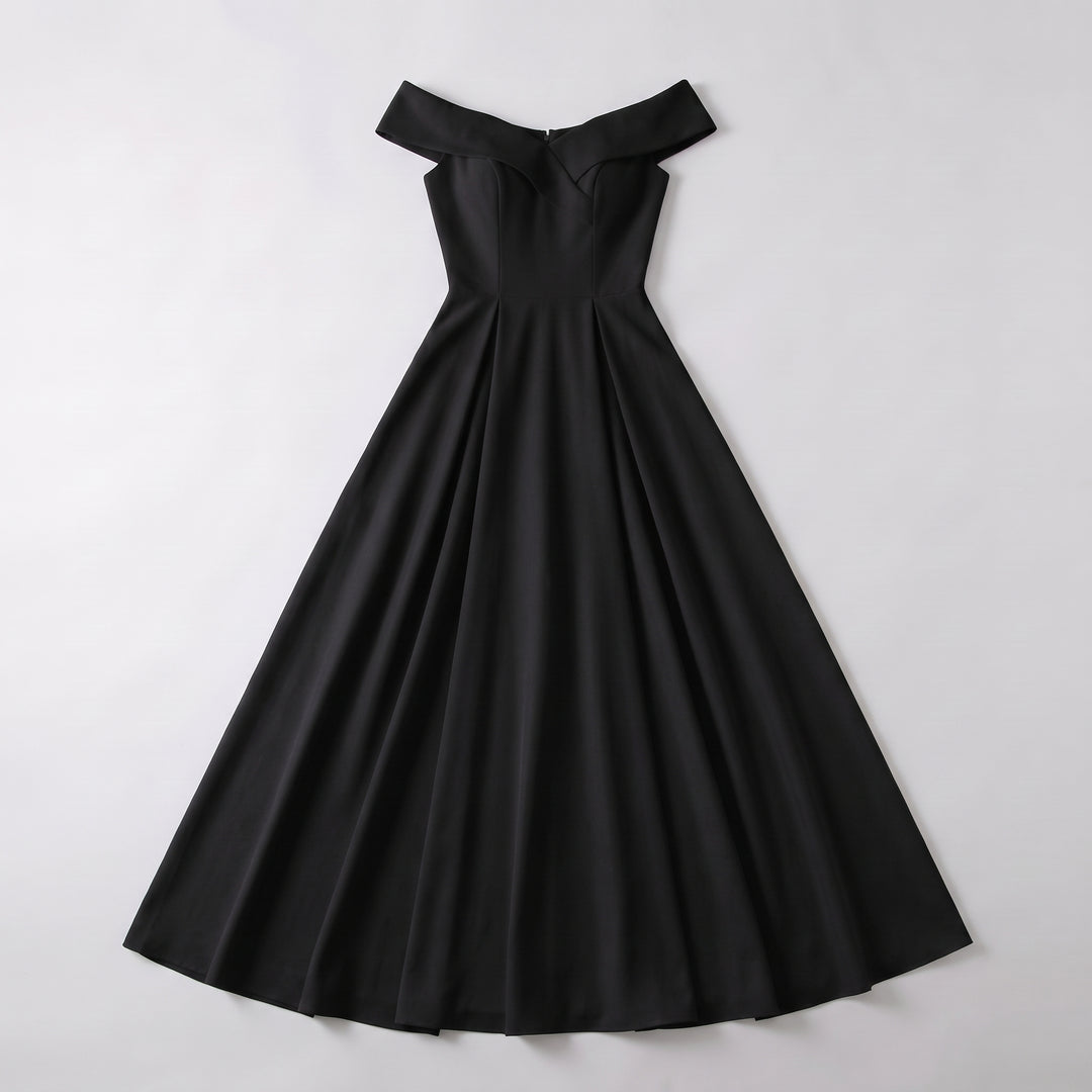 Schwarzes Off-Shoulder Abendkleid in A-Linie, Flat-Lay Vorderansicht