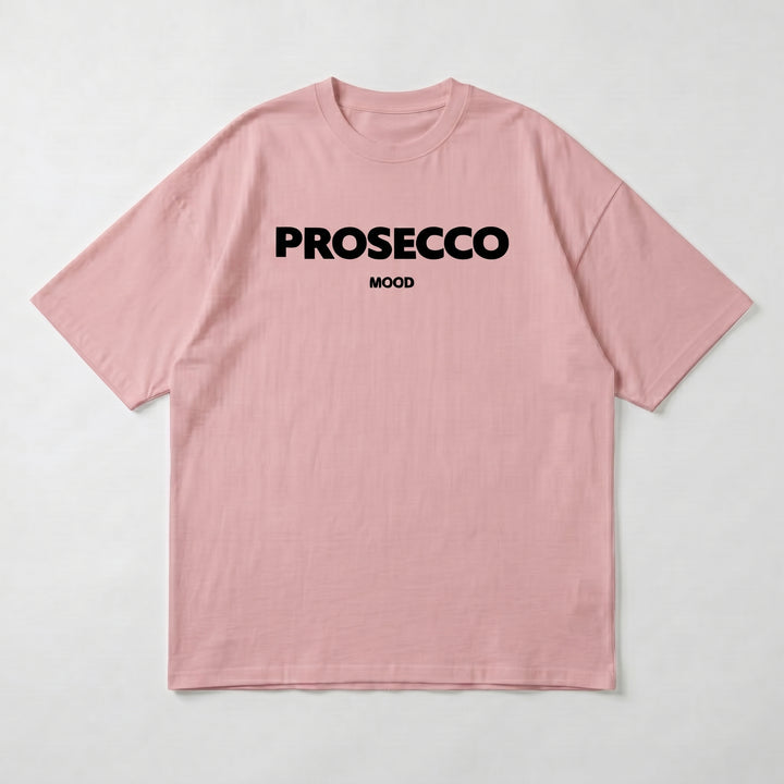 Rosafarbenes Oversized T-Shirt mit PROSECCO MOOD Aufdruck, Flat-Lay Produktansicht