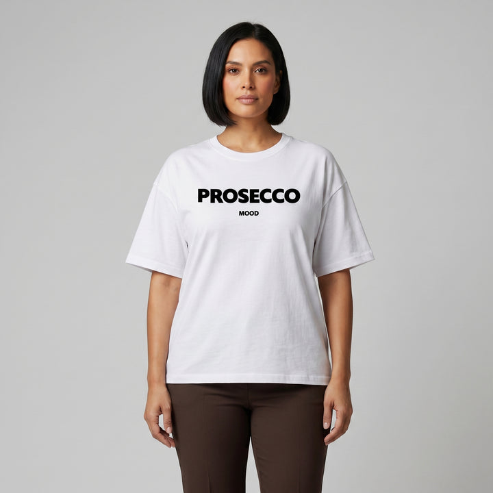 Weißes Oversized T-Shirt mit schwarzem PROSECCO MOOD Aufdruck, Rundhals, Vorderansicht