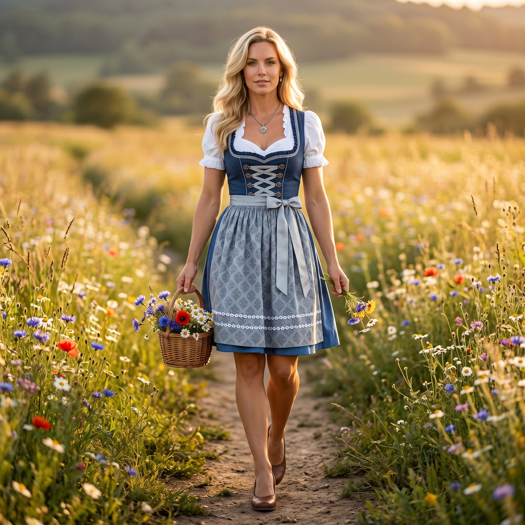 Dirndl Damen dunkelblau mit gemusterter Schürze, Lifestyle-Aufnahme auf Blumenwiese