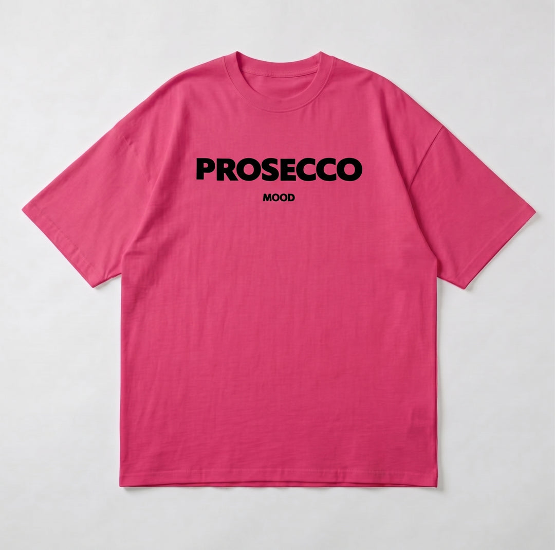 Pinkes Oversized T-Shirt mit PROSECCO MOOD Aufdruck, Flat-Lay Produktansicht