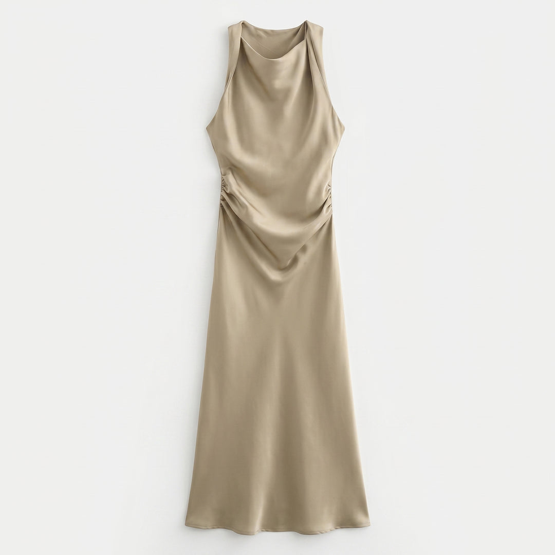 Damen Satin Slip Midikleid mit Wasserfallausschnitt