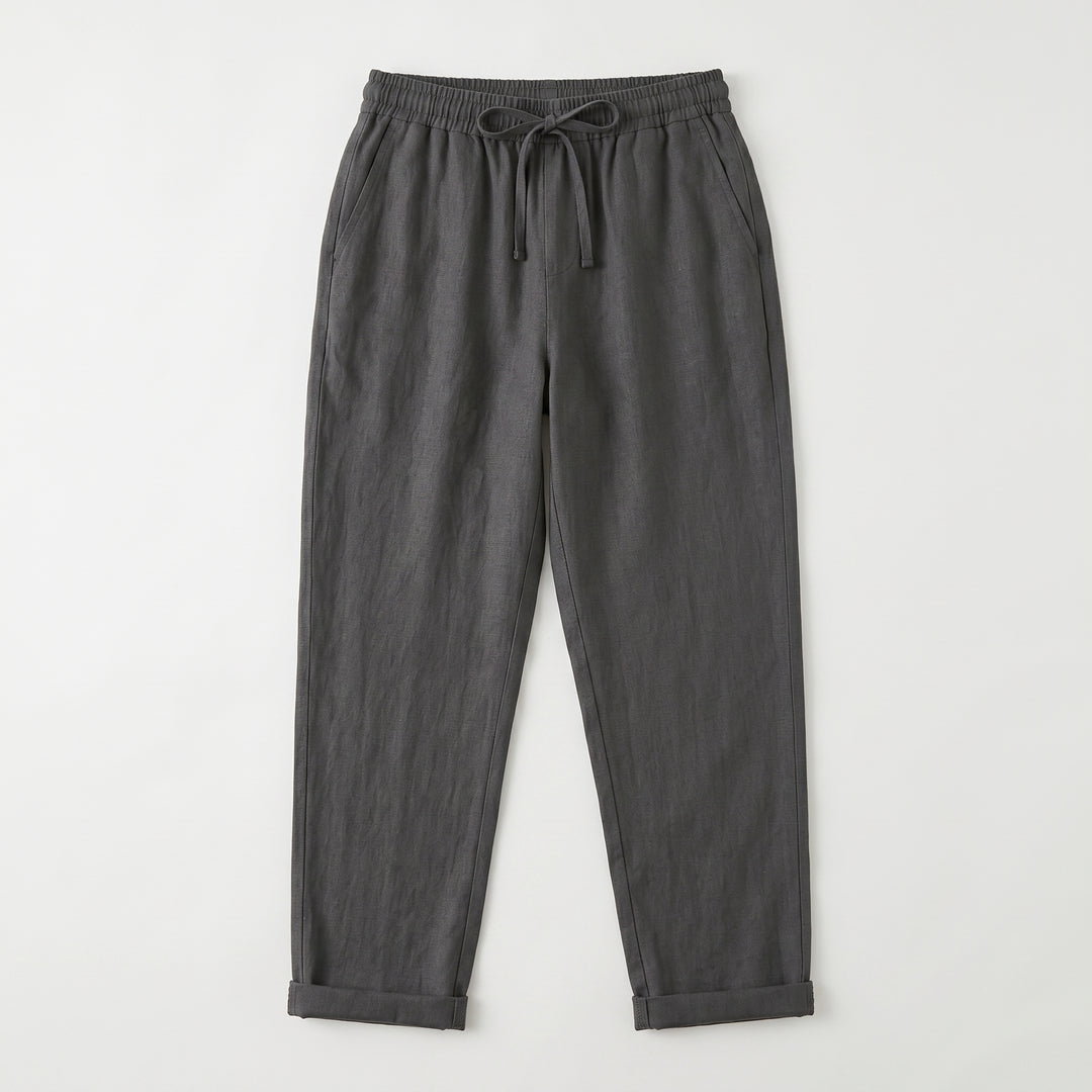 Leinenhose Schwarz Flat-Lay, Kordelzug-Bund, umgeschlagener Saum
