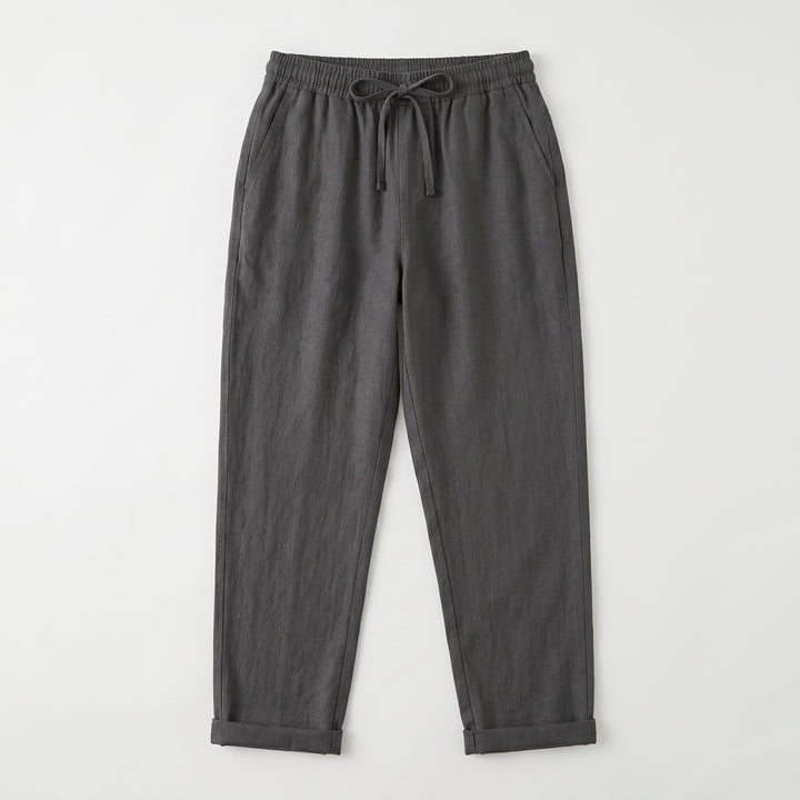 Leinenhose Schwarz Flat-Lay, Kordelzug-Bund, umgeschlagener Saum