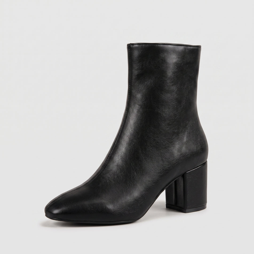 Schwarze Stiefelette mit Blockabsatz und mattem Glattleder-Finish – Seitenansicht