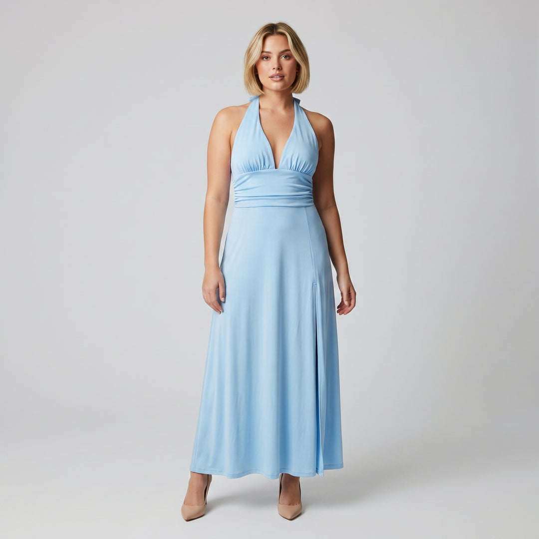 Damen Maxikleid Hellblau Neckholder tiefer V-Ausschnitt Seitenschlitz Vorderansicht