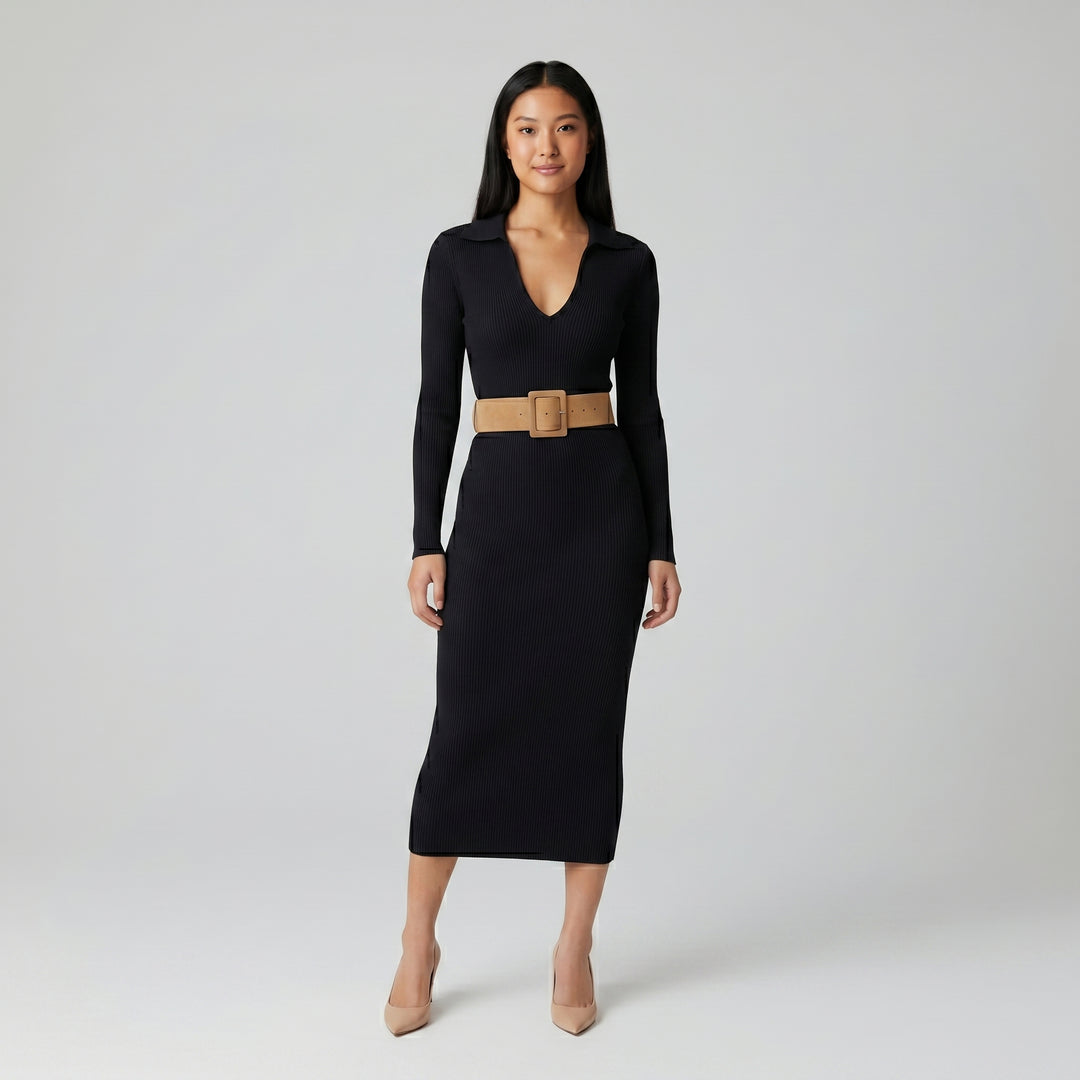 Figurbetontes Strick-Midikleid Damen Dunkelblau, Frontansicht