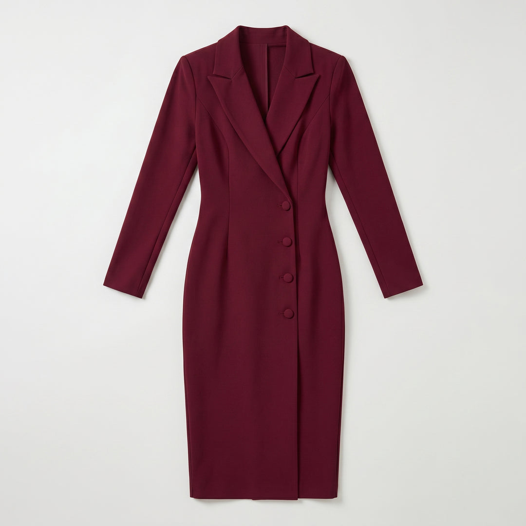 Weinrotes Blazerkleid Flat-lay, Umlegekragen und Knöpfe