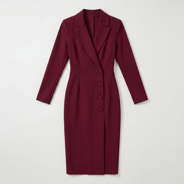 Weinrotes Blazerkleid Flat-lay, Umlegekragen und Knöpfe