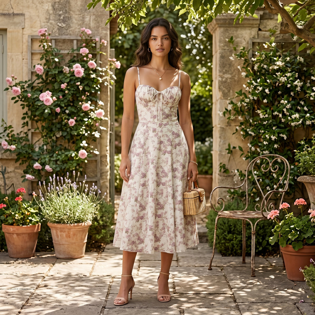 Bustierkleid Creme mit Rosendruck in sommerlichem Garten-Styling