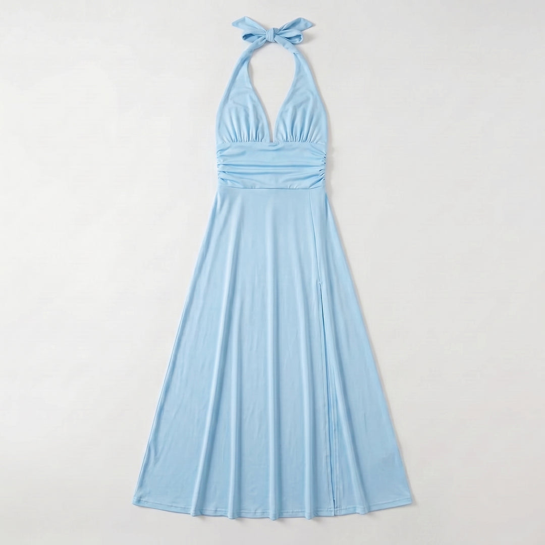Damen Maxikleid Hellblau Neckholder tiefer V-Ausschnitt Schlitz Flat-lay