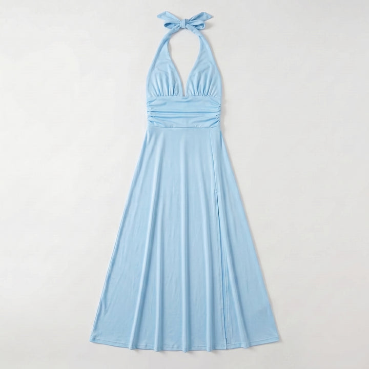 Damen Maxikleid Hellblau Neckholder tiefer V-Ausschnitt Schlitz Flat-lay