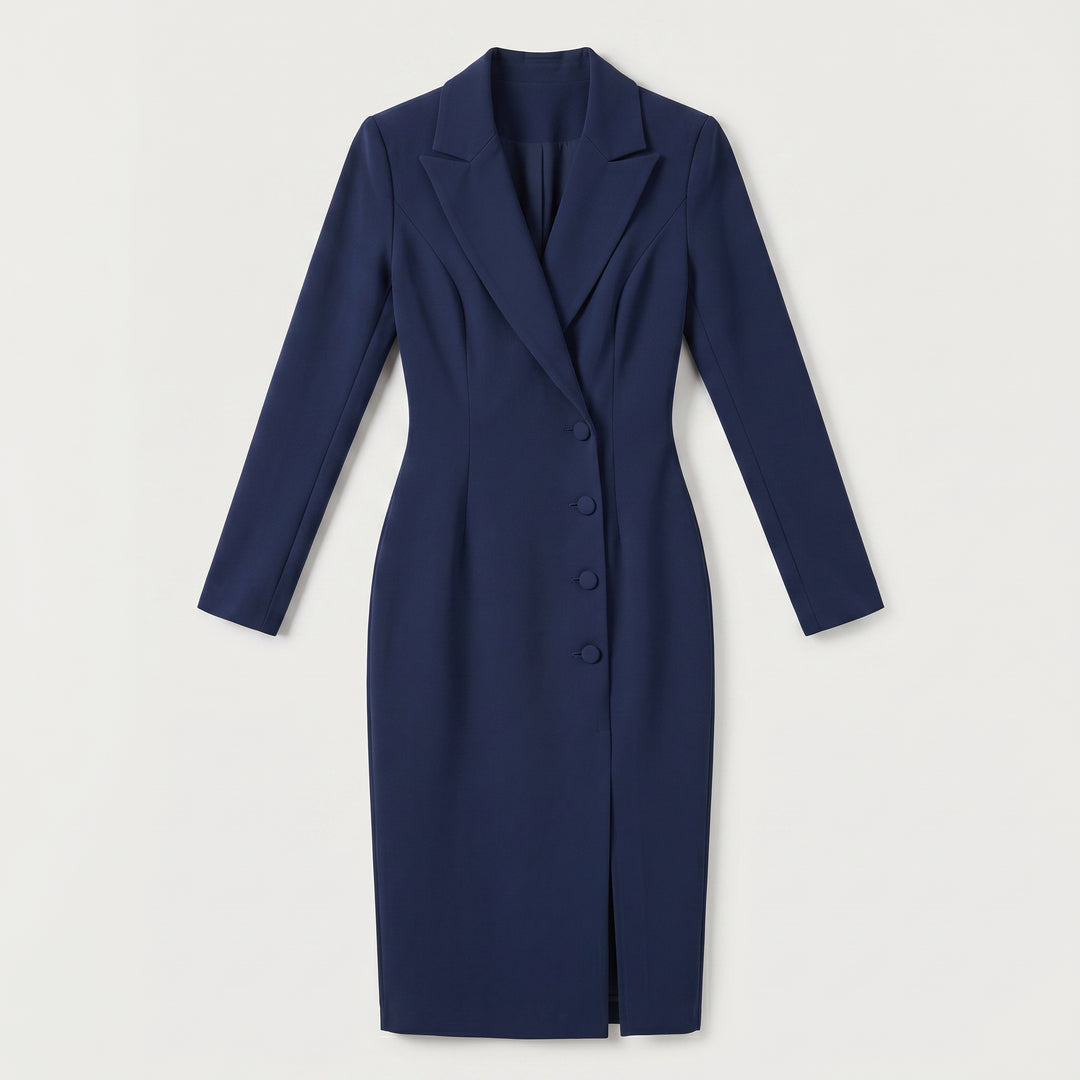 Marineblaues Blazerkleid Flat-lay mit Knöpfen und Frontschlitz