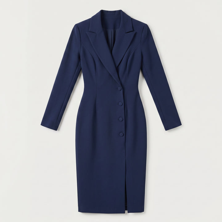 Marineblaues Blazerkleid Flat-lay mit Knöpfen und Frontschlitz