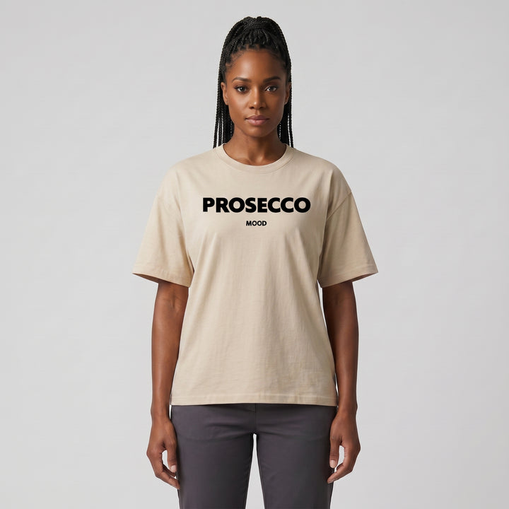 Beiges Oversized T-Shirt mit schwarzem PROSECCO MOOD Aufdruck, Vorderansicht