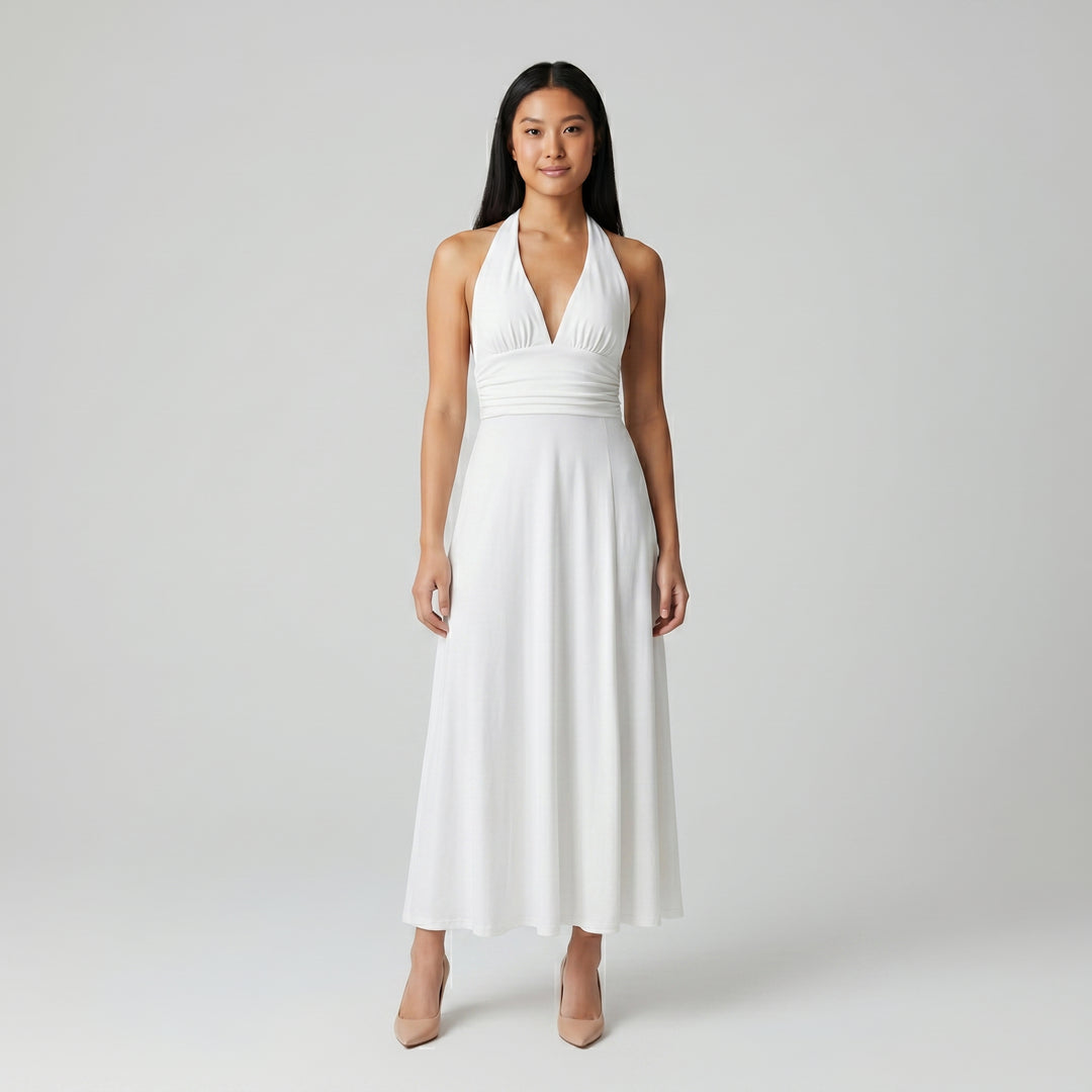 Damen Maxikleid Weiß Neckholder tiefer V-Ausschnitt fließend Vorderansicht
