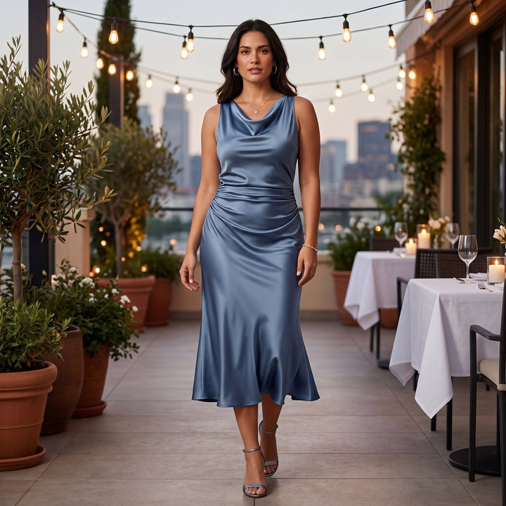 Damen Satin Slip Midikleid mit Wasserfallausschnitt